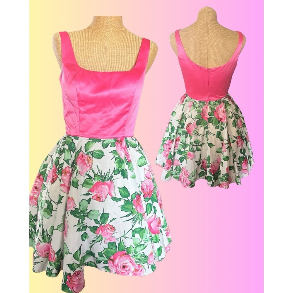 Sherri Hill Floral Pink Mini Dress | Size 6 | Fit & Flare Prom Homecoming Y2K